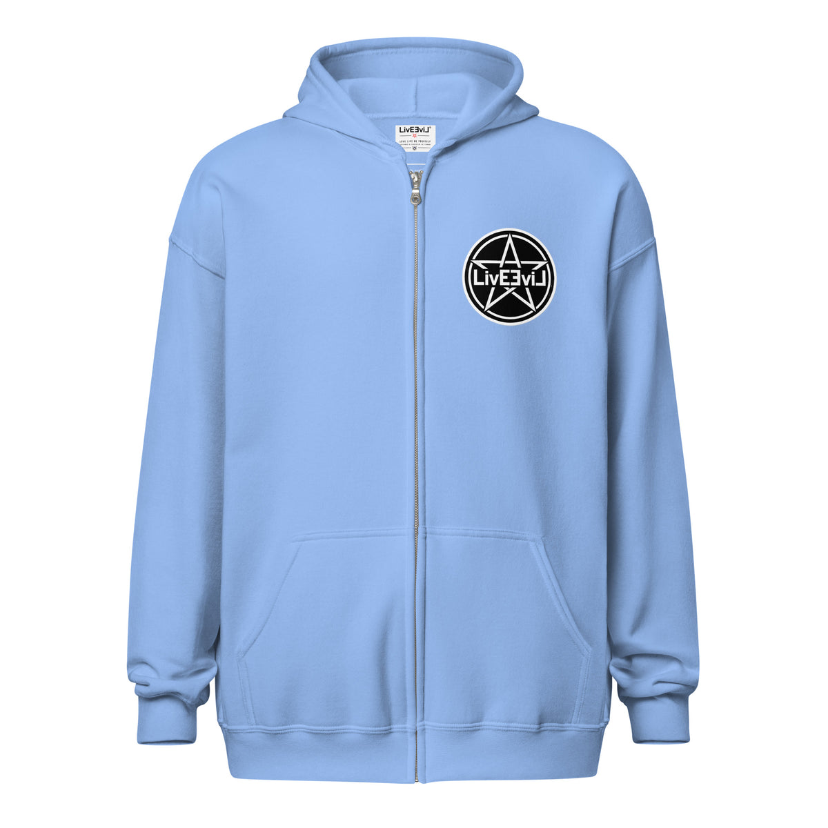Cthulhu's Making Yarn Again LivEƎvi⅃ zip hoodie in Carolina blue, front view