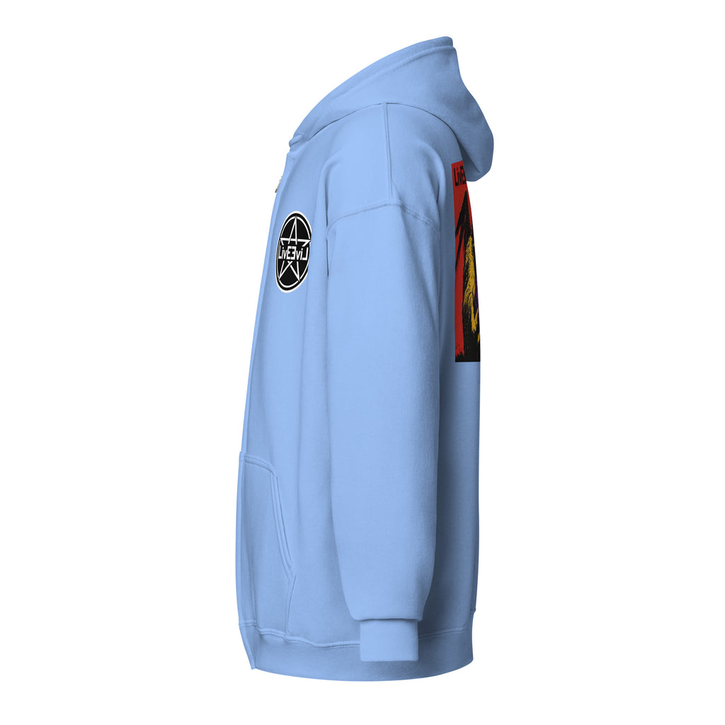 Cthulhu's Making Yarn Again LivEƎvi⅃ zip hoodie in Carolina blue, left view