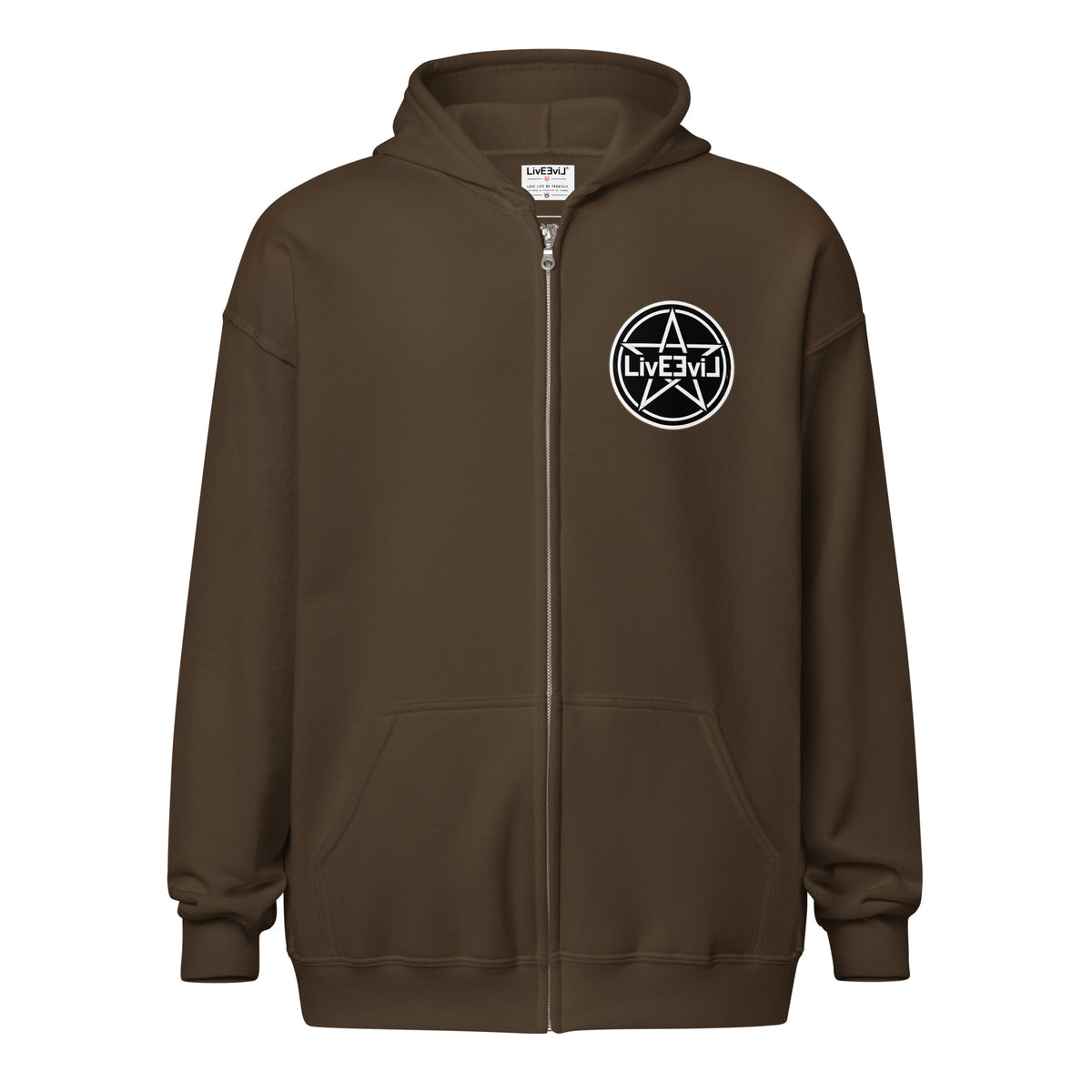 Cthulhu's Making Yarn Again LivEƎvi⅃ zip hoodie in dark chocolate, front view