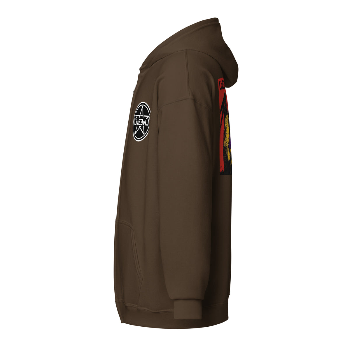 Cthulhu's Making Yarn Again LivEƎvi⅃ zip hoodie in dark chocolate, left view