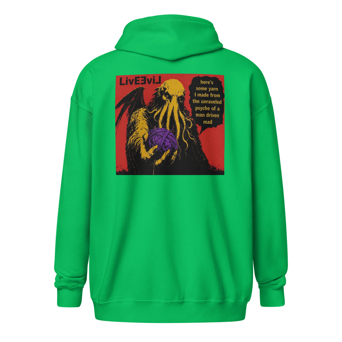 Cthulhu's Making Yarn Again LivEƎvi⅃ zip hoodie in Irish green, back view