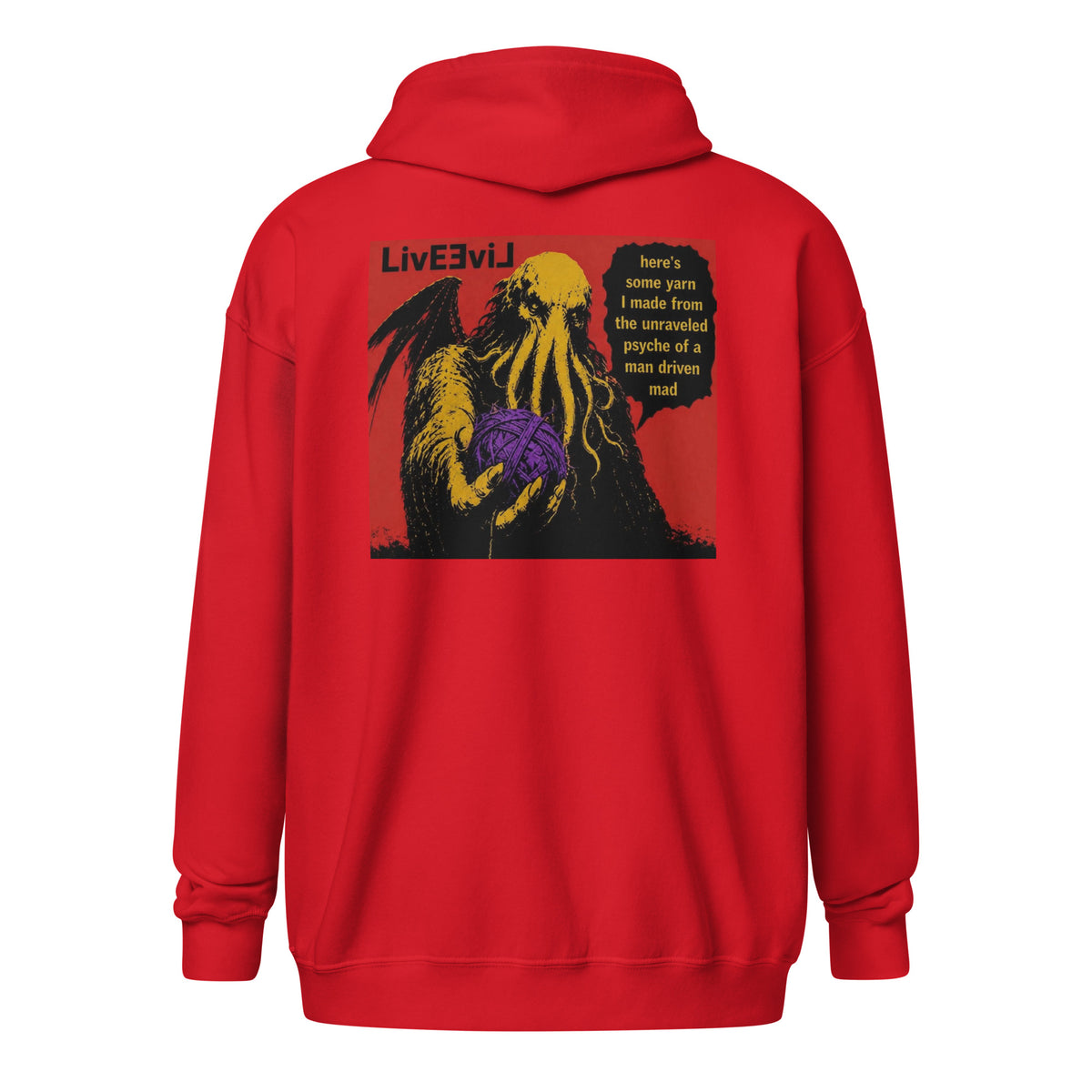 Cthulhu's Making Yarn Again LivEƎvi⅃ zip hoodie in red, back view