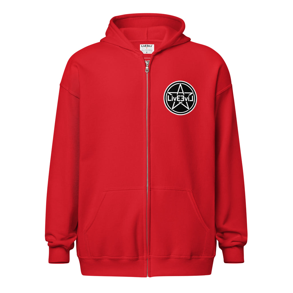 Cthulhu's Making Yarn Again LivEƎvi⅃ zip hoodie in red, front view
