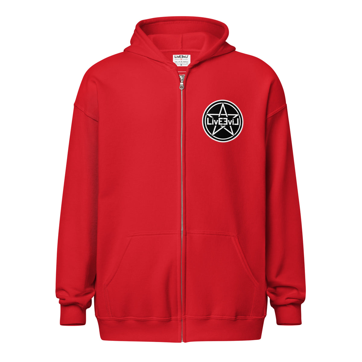 Cthulhu's Making Yarn Again LivEƎvi⅃ zip hoodie in red, front view