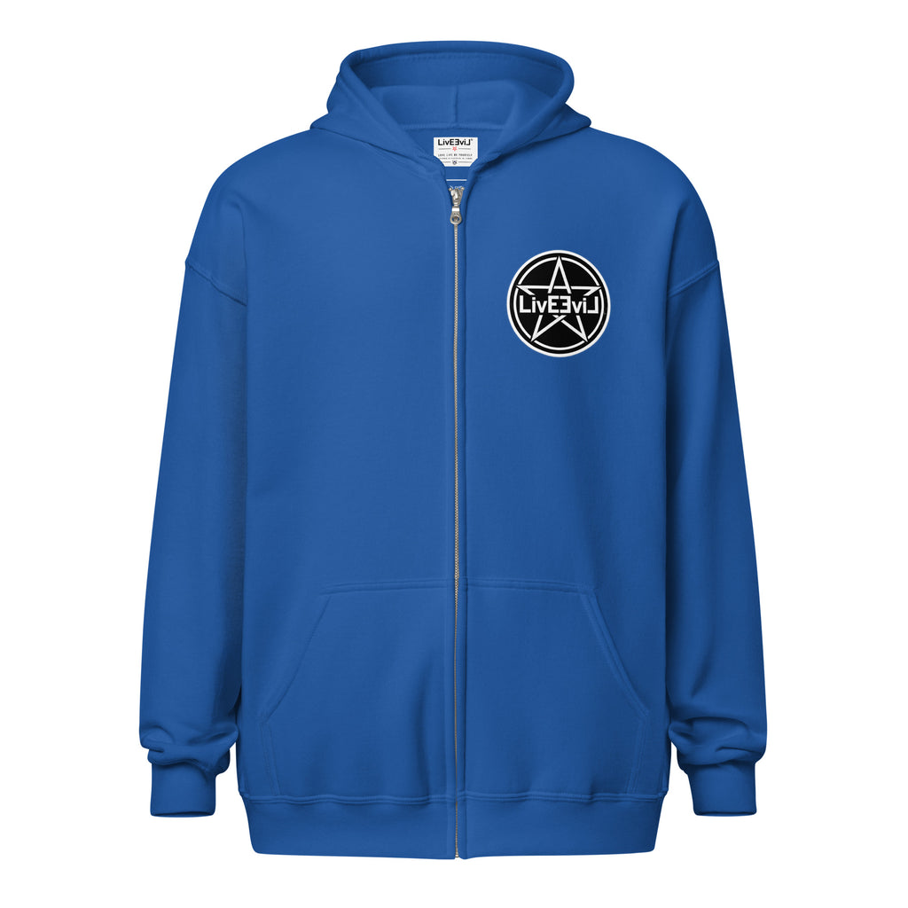 Cthulhu's Making Yarn Again LivEƎvi⅃ zip hoodie in royal blue, front view