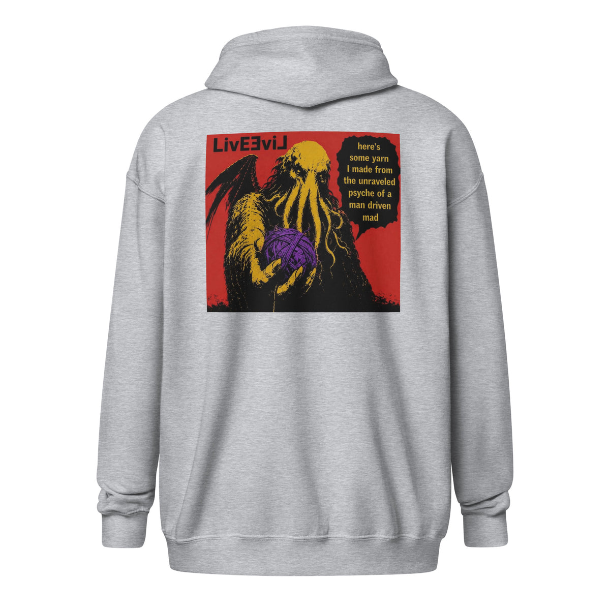 Cthulhu's Making Yarn Again LivEƎvi⅃ zip hoodie in sport grey, back view
