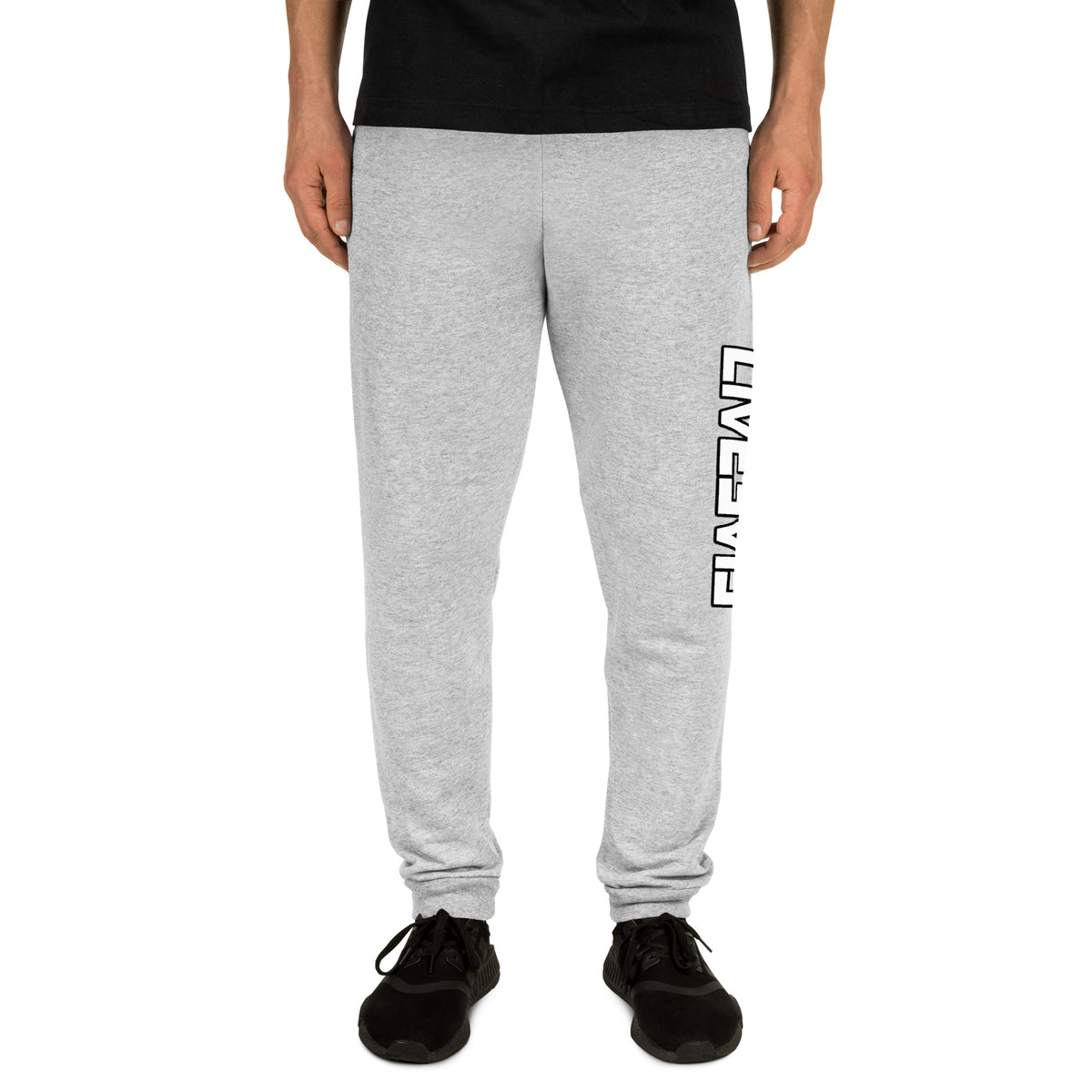 LivEƎvi⅃ unisex joggers in athletic heather, front view