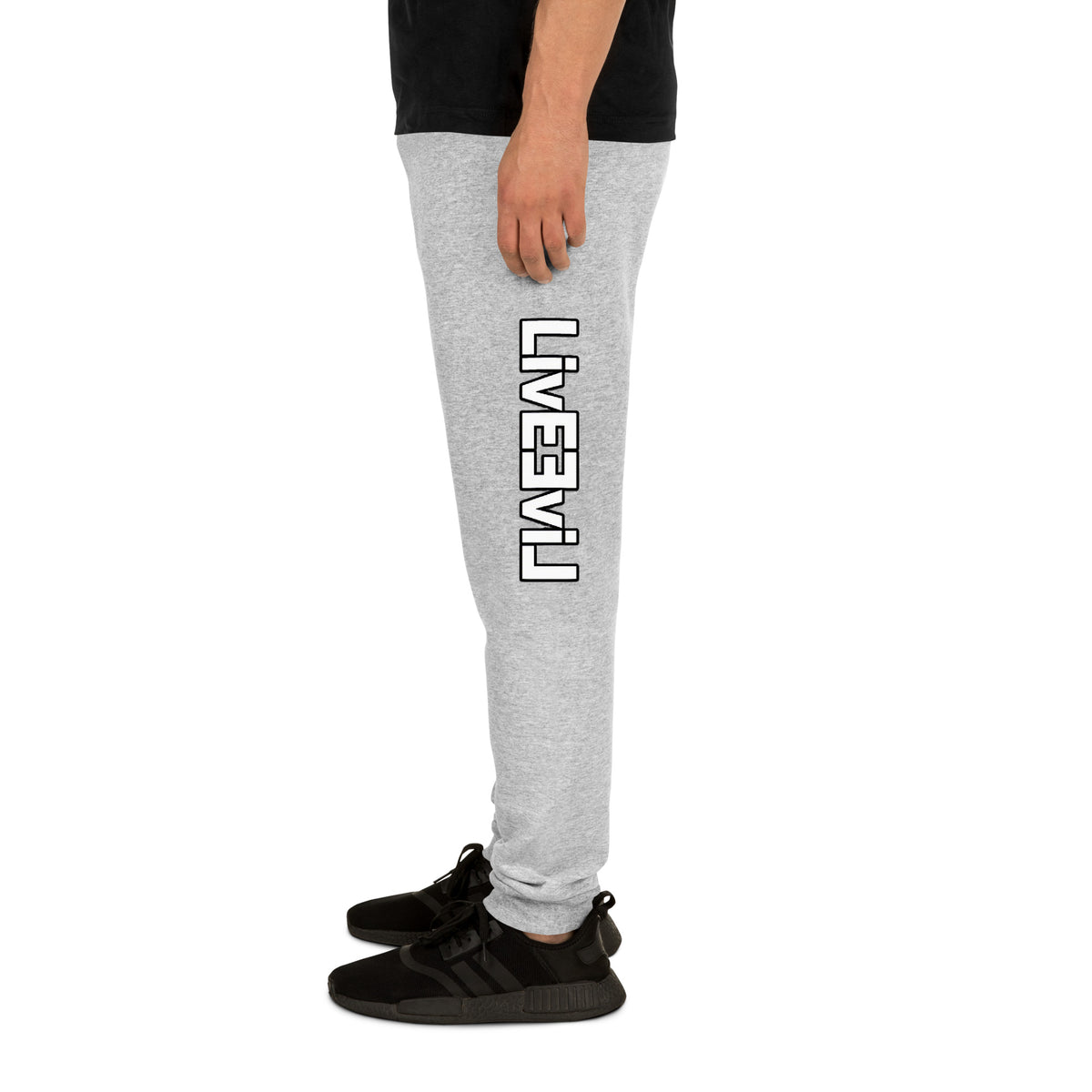 LivEƎvi⅃ unisex joggers in athletic heather, alternate left leg view
