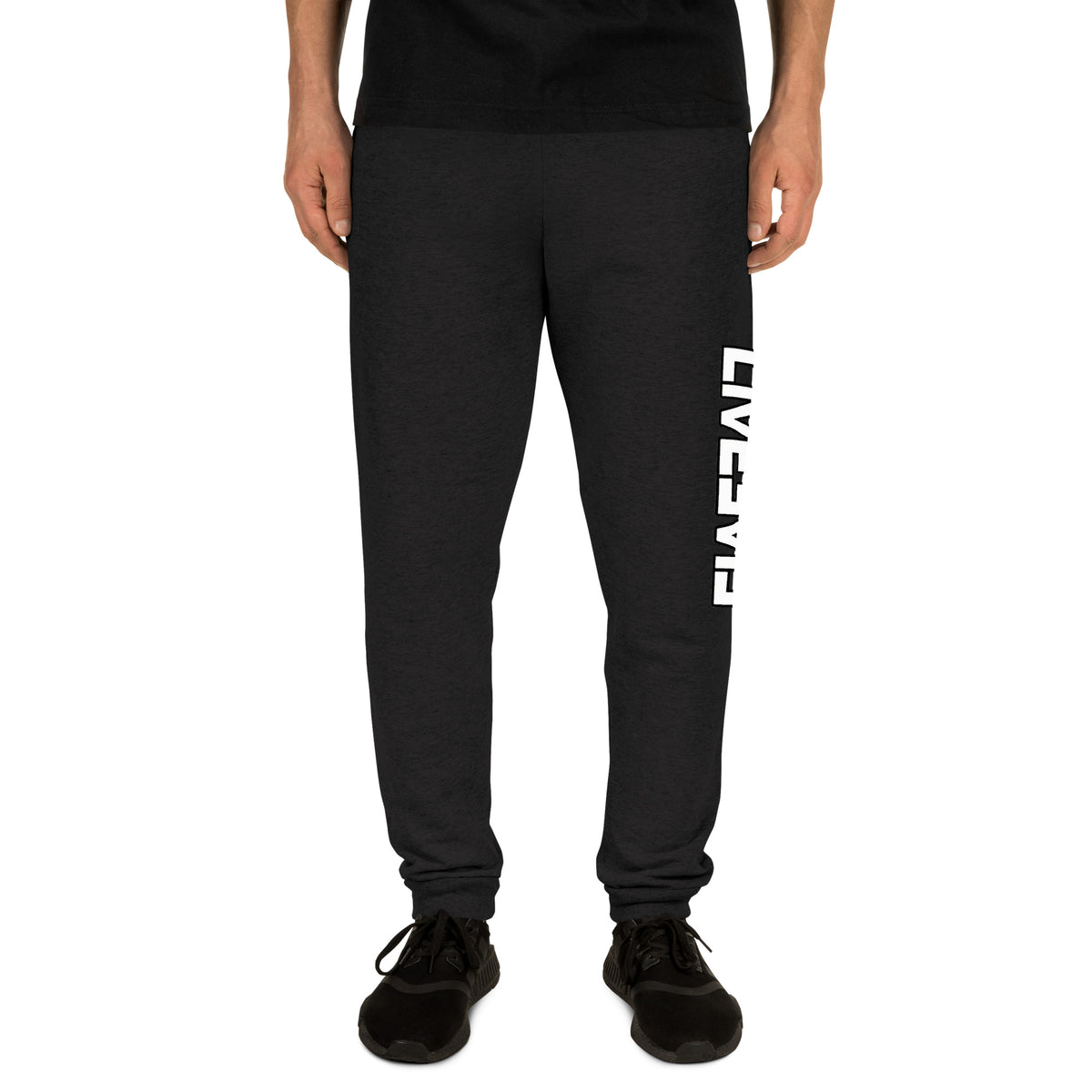 LivEƎvi⅃ unisex joggers in black, front view