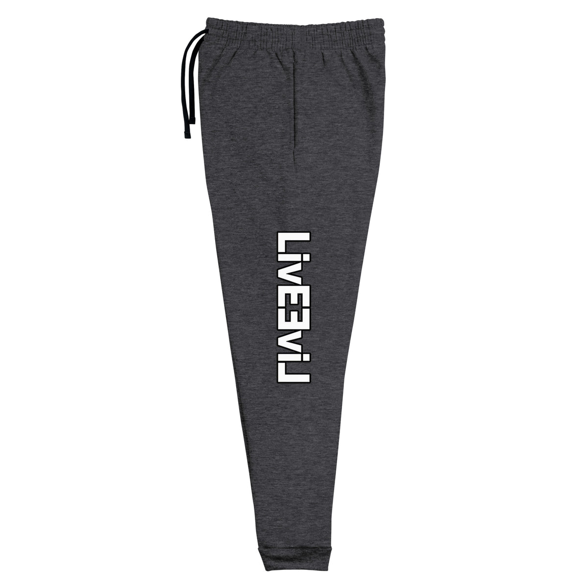 LivEƎvi⅃ unisex joggers in black heather, left leg view