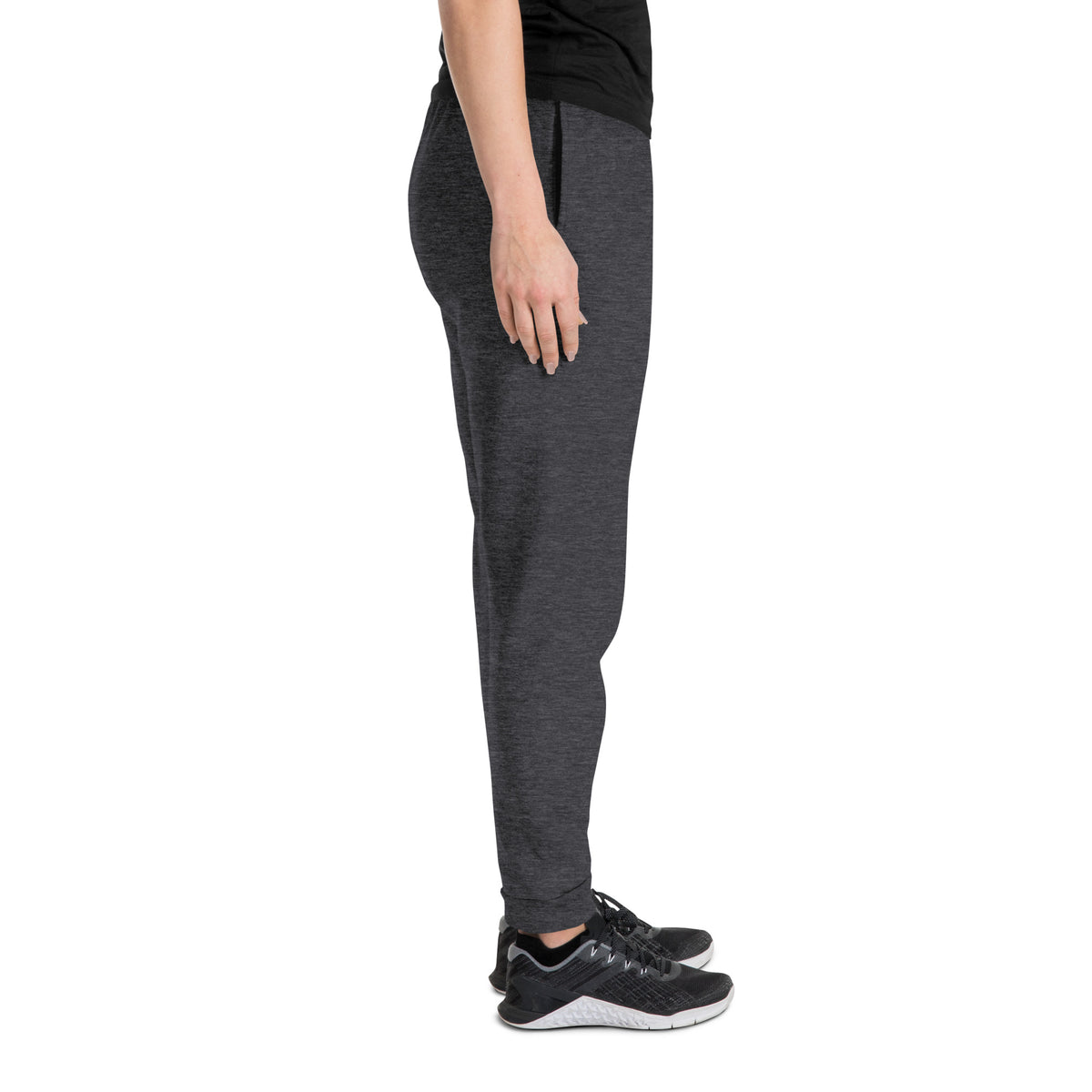 LivEƎvi⅃ unisex joggers in black heather, right leg view