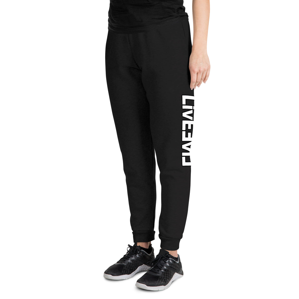 LivEƎvi⅃ unisex joggers in black, left front view