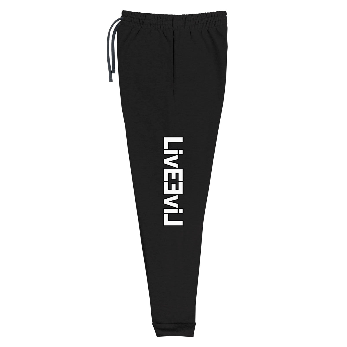 LivEƎvi⅃ unisex joggers in black, left leg view