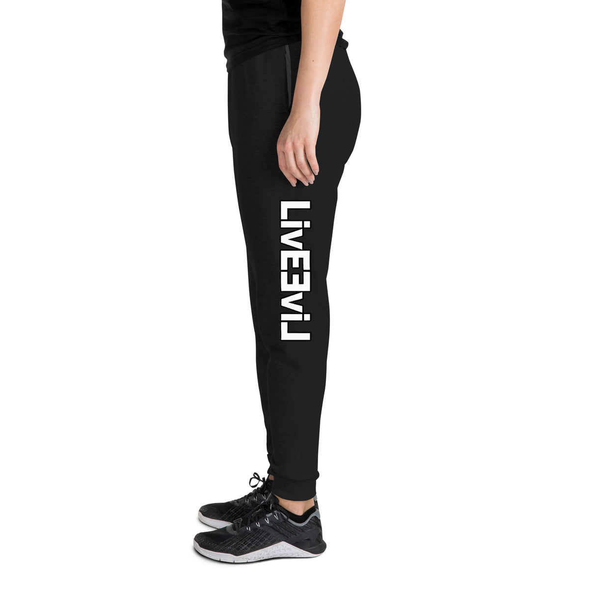 LivEƎvi⅃ unisex joggers in black, left leg view