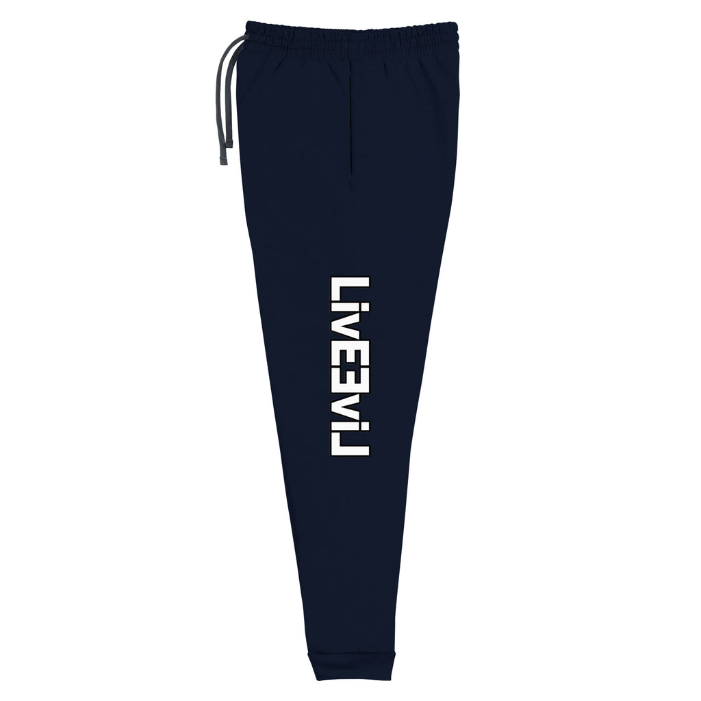 LivEƎvi⅃ unisex joggers in J. navy, left leg view