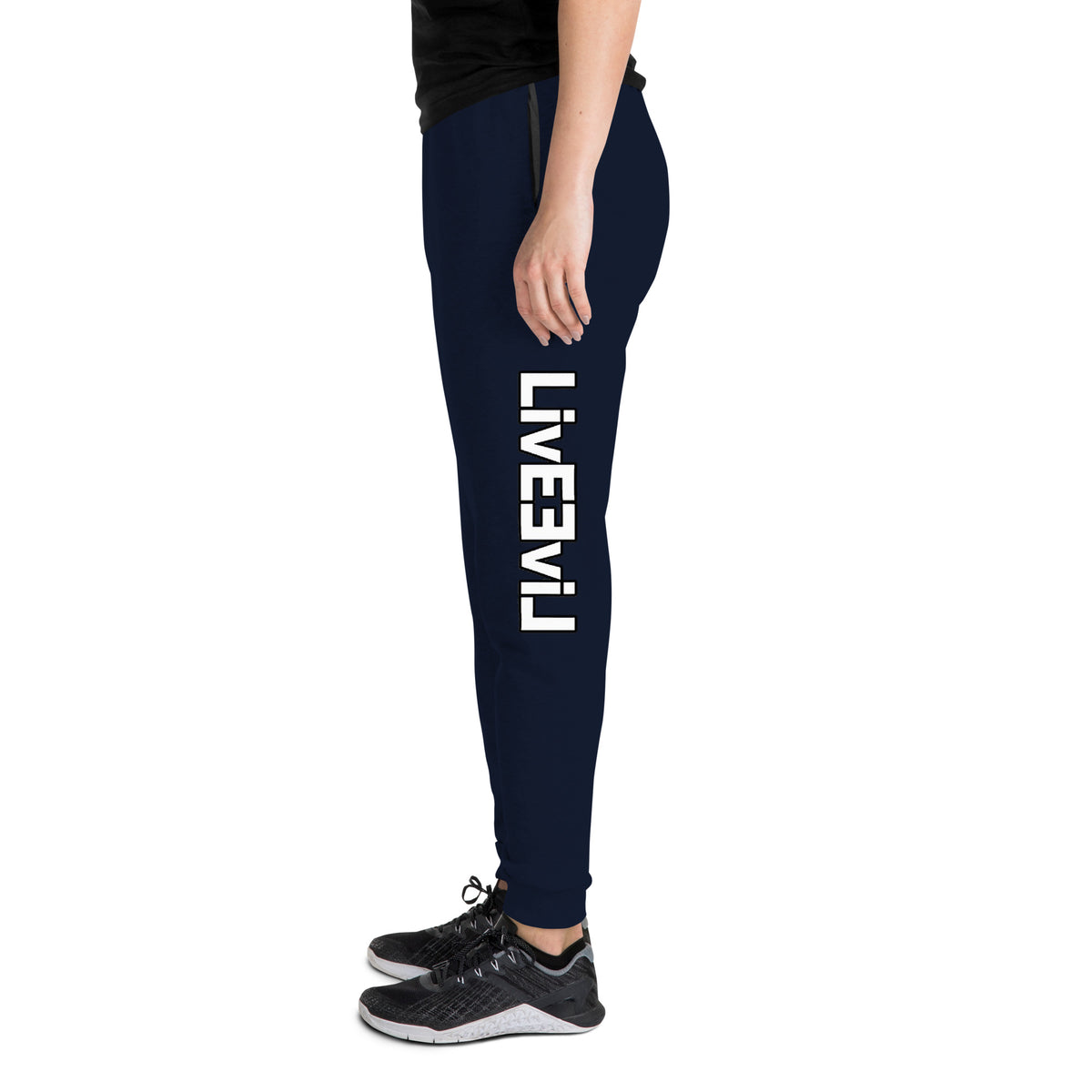 LivEƎvi⅃ unisex joggers in J. navy, left leg view