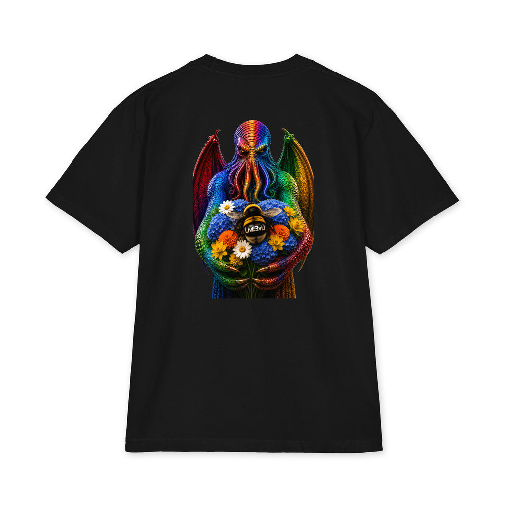 Cthulhu's Beautiful Flowers LivEƎvi⅃ Big & Tall heavyweight graphic tee in black, back view
