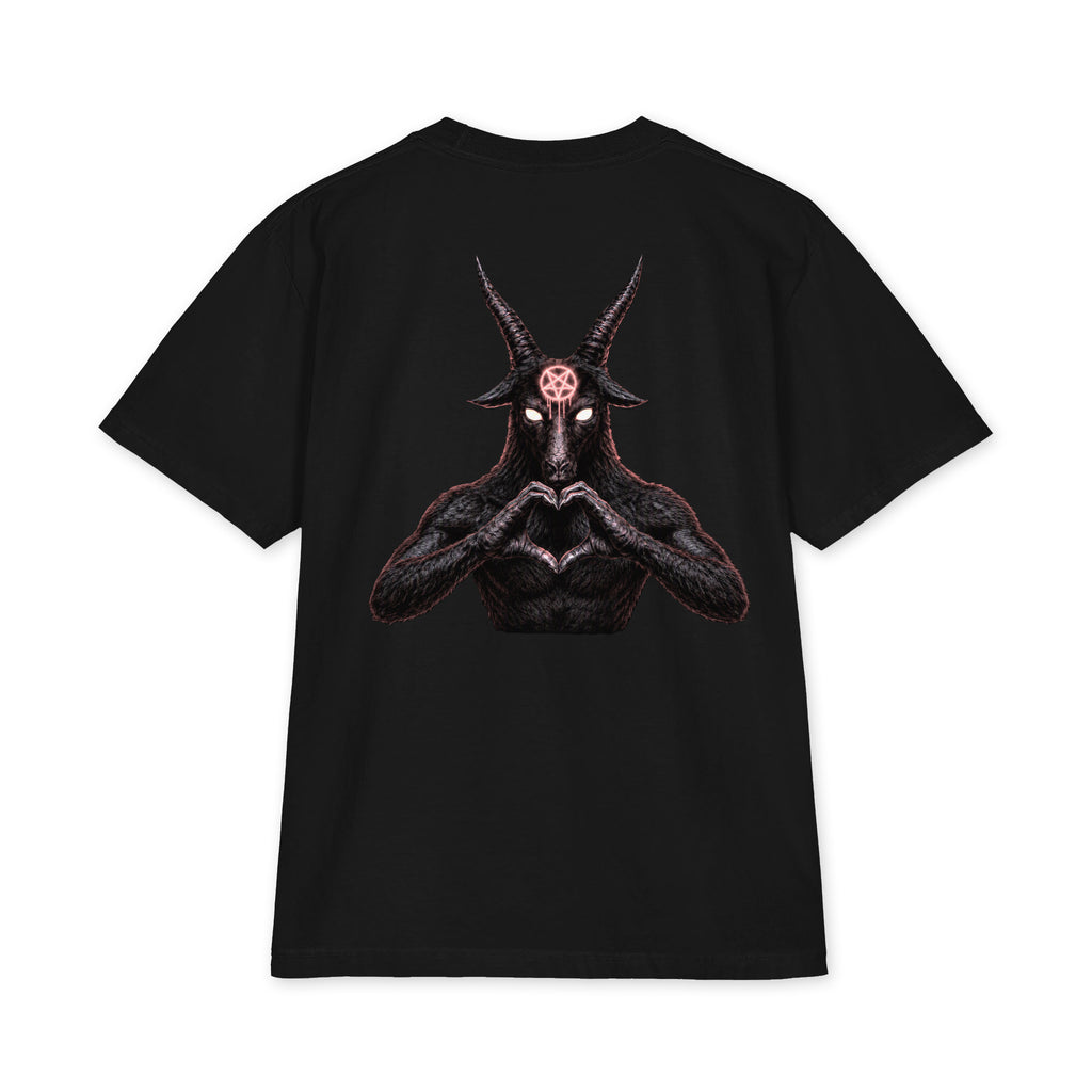 Baphomet Loves You LivEƎvi⅃ Big & Tall heavyweight graphic tee in black, back view