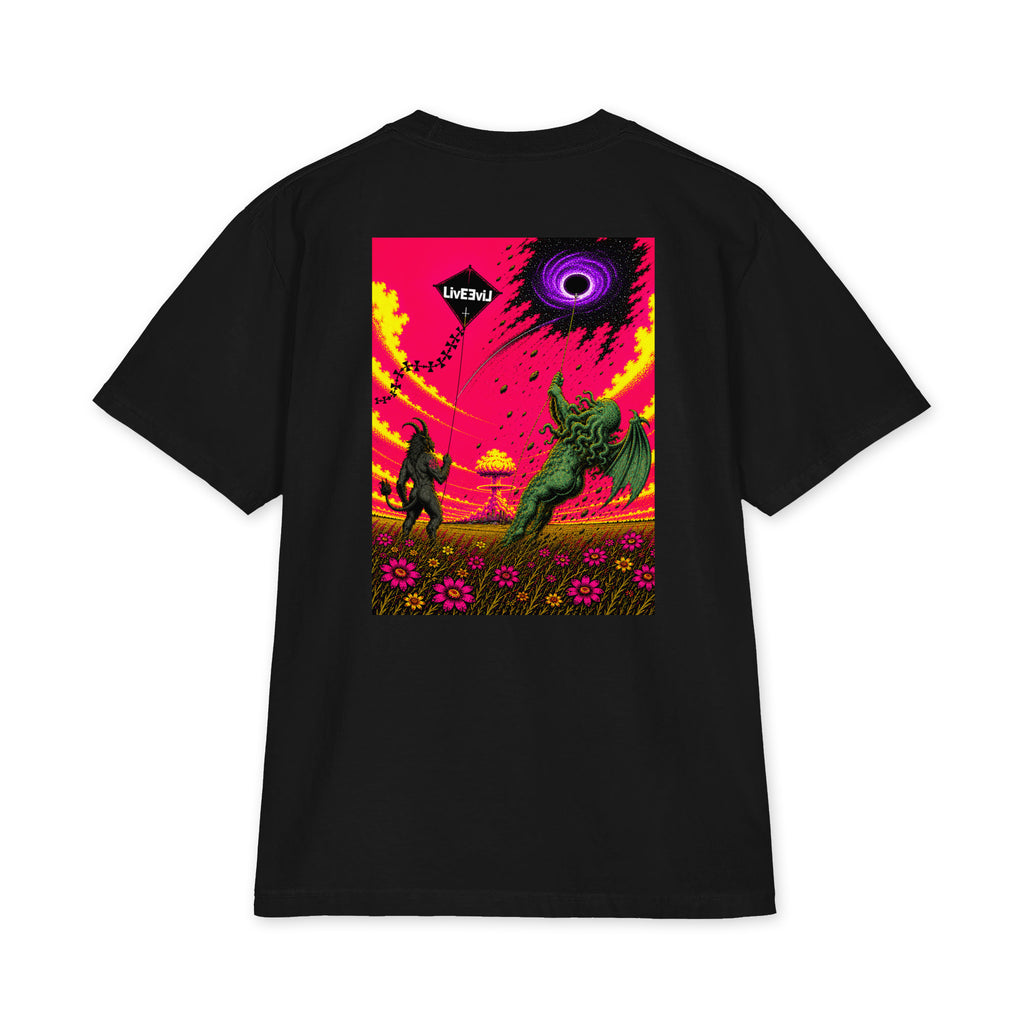 Baphomet and Cthulhu flying kites LivEƎvi⅃ Big & Tall graphic tee in black, back view