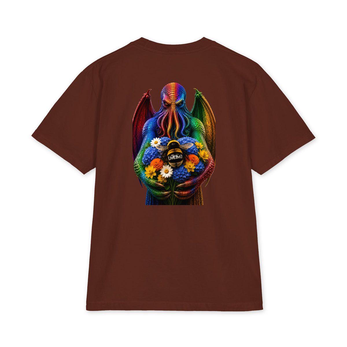 Cthulhu's Beautiful Flowers LivEƎvi⅃ Big & Tall heavyweight graphic tee in brown, back view