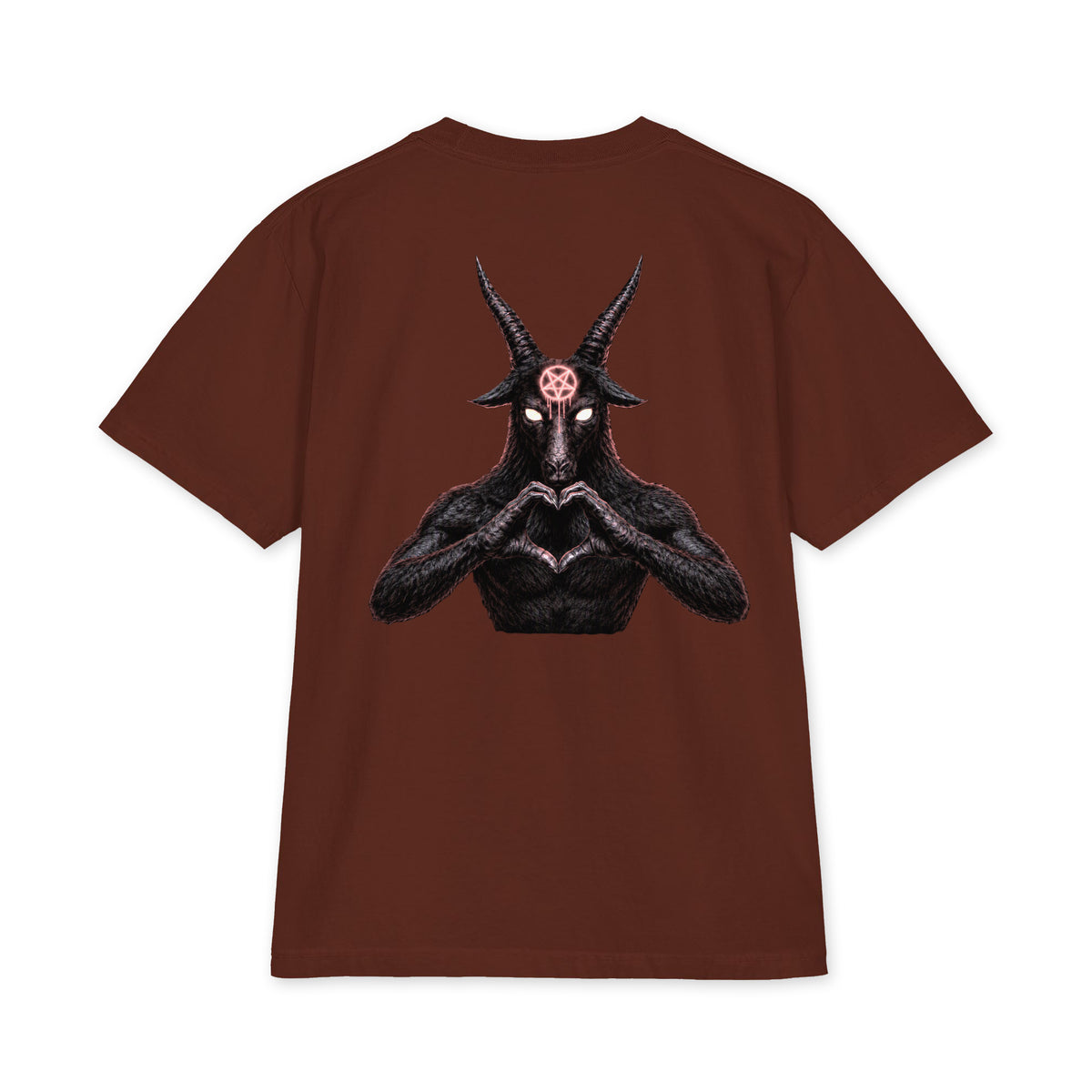 Baphomet Loves You LivEƎvi⅃ Big & Tall heavyweight graphic tee in brown, back view
