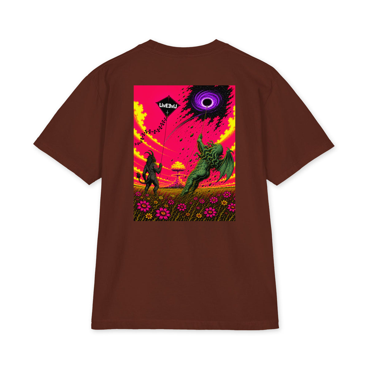 Baphomet and Cthulhu flying kites LivEƎvi⅃ Big & Tall graphic tee in brown, back view