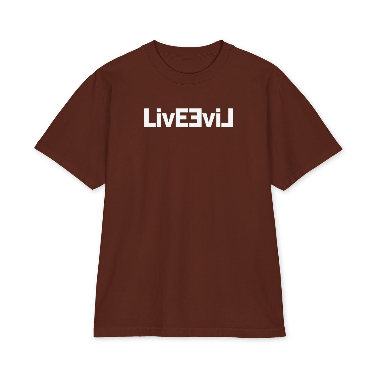 LivEƎvi⅃ 1OF3 Big & Tall heavyweight graphic tee in brown, front view