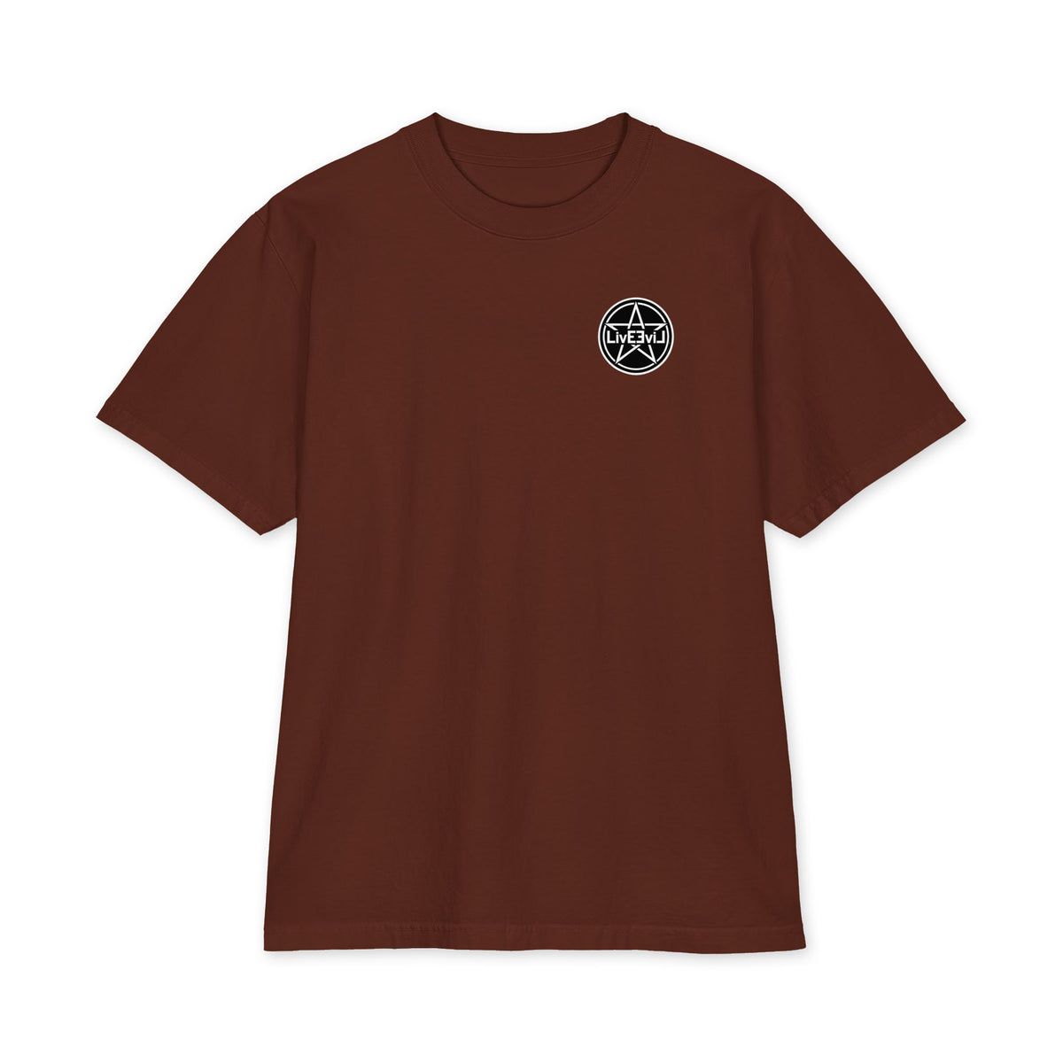Baphomet Loves You LivEƎvi⅃ Big & Tall heavyweight graphic tee in brown, front view