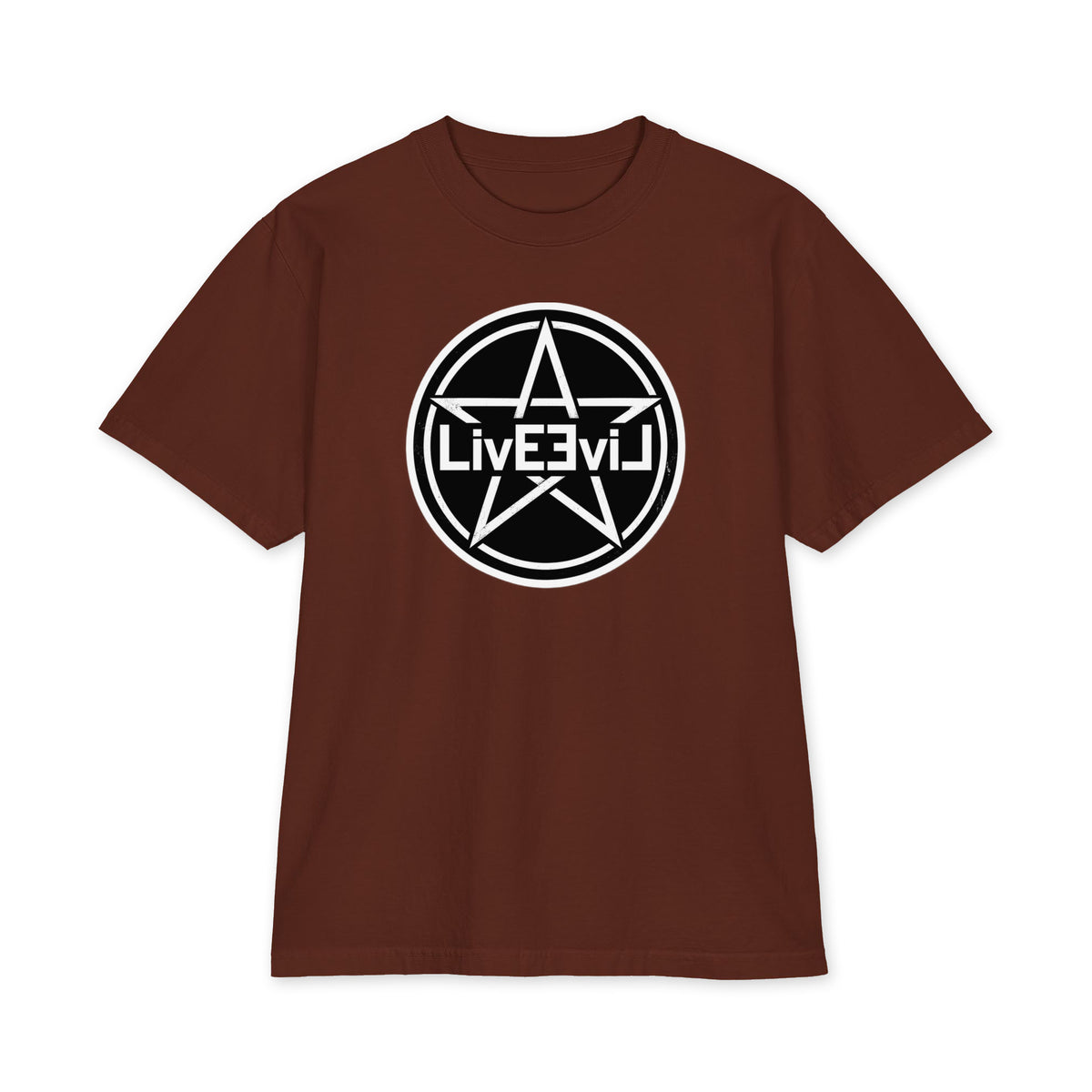 LivEƎvi⅃ Pentagram Big & Tall heavyweight graphic tee in brown, front view