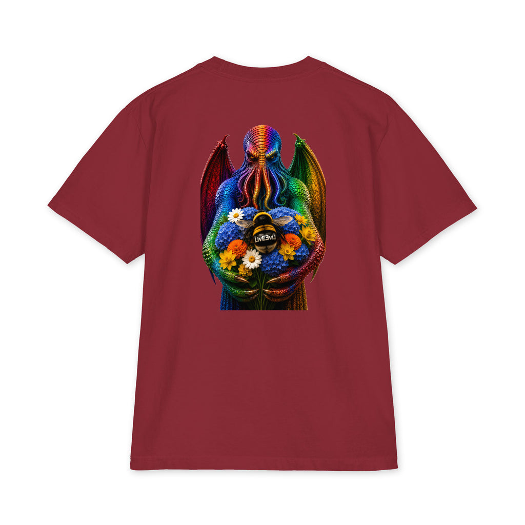 Cthulhu's Beautiful Flowers LivEƎvi⅃ Big & Tall heavyweight graphic tee in burgundy, back view