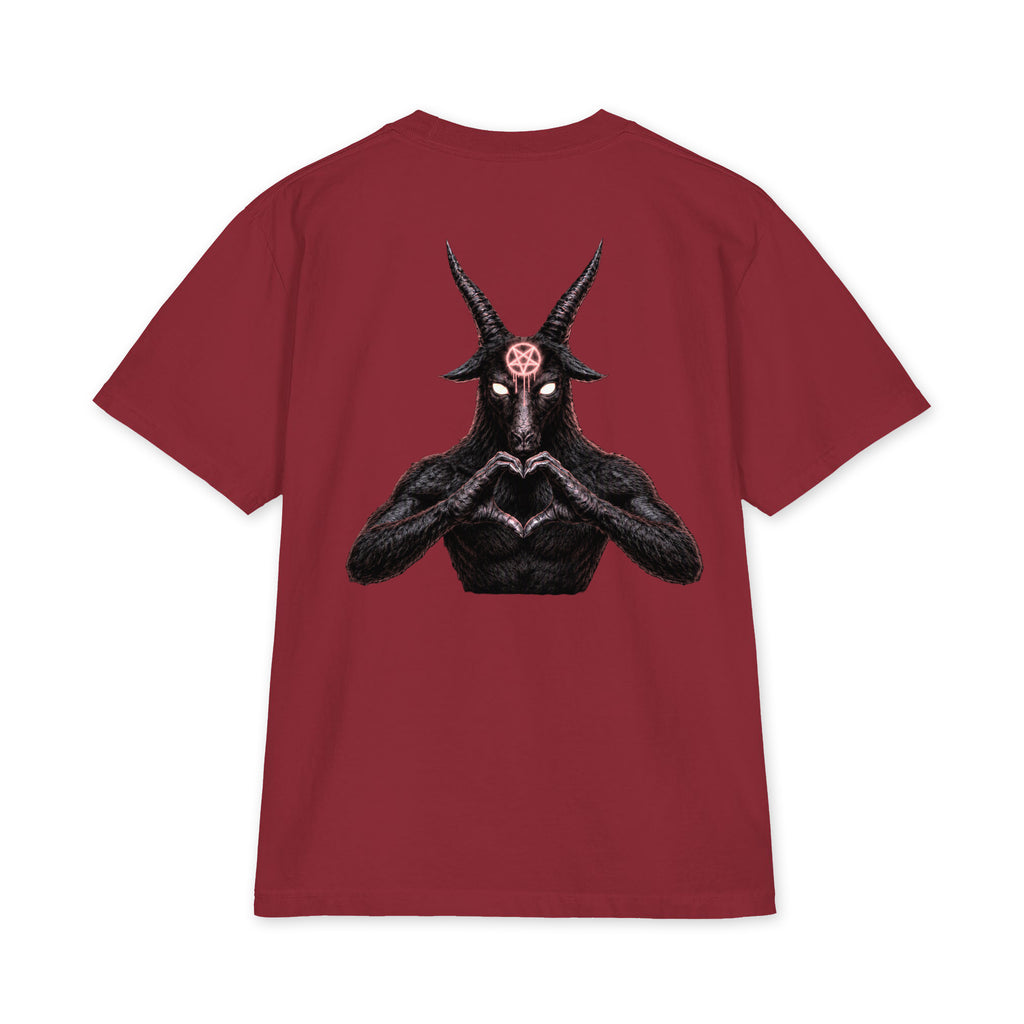 Baphomet Loves You LivEƎvi⅃ Big & Tall heavyweight graphic tee in burgundy, back view