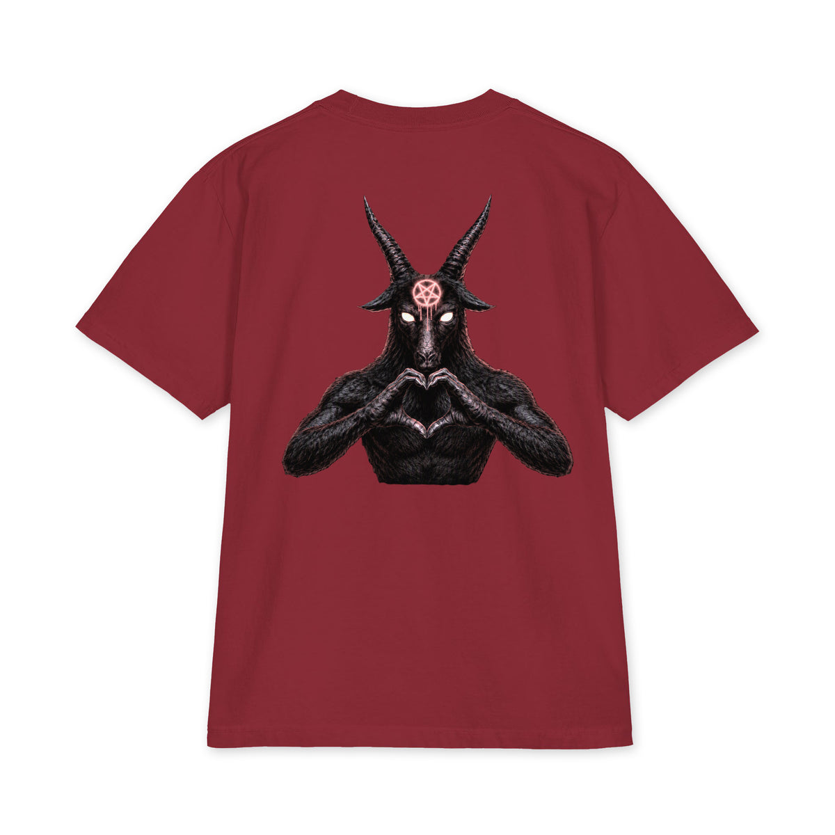 Baphomet Loves You LivEƎvi⅃ Big & Tall heavyweight graphic tee in burgundy, back view