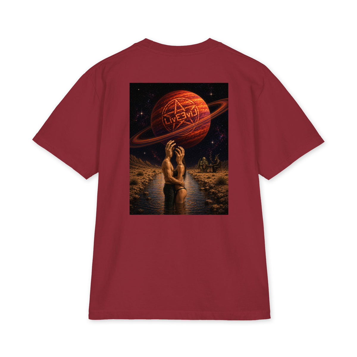 The Wendell LivEƎvi⅃ Big & Tall heavyweight graphic tee in burgundy, back view