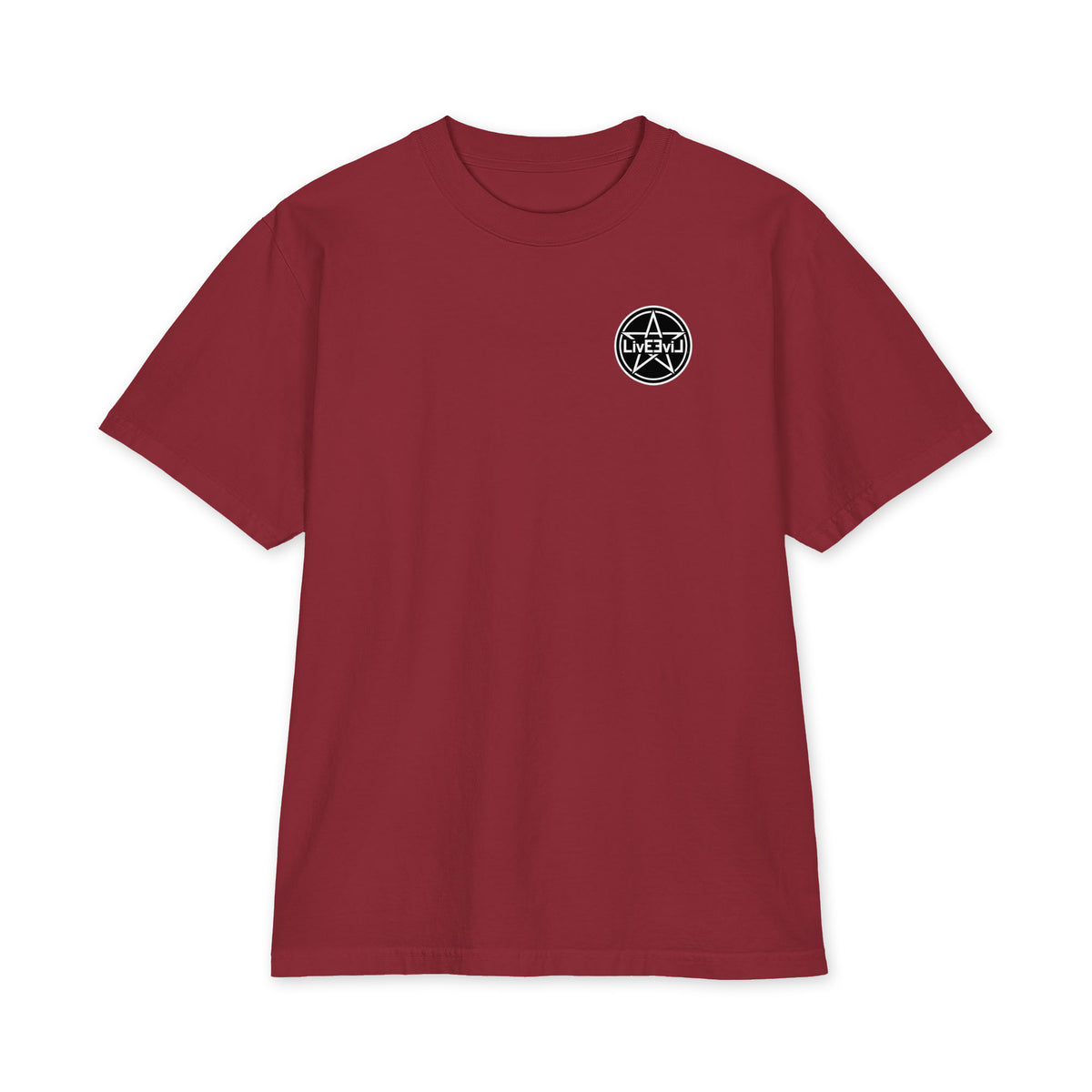 Baphomet Loves You LivEƎvi⅃ Big & Tall heavyweight graphic tee in burgundy, front view