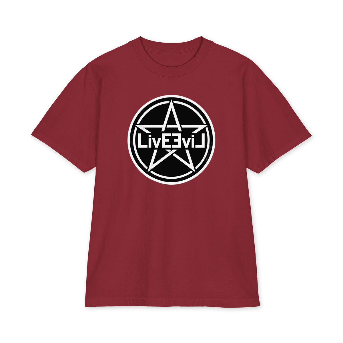 LivEƎvi⅃ Pentagram Big & Tall heavyweight graphic tee in burgundy, front view