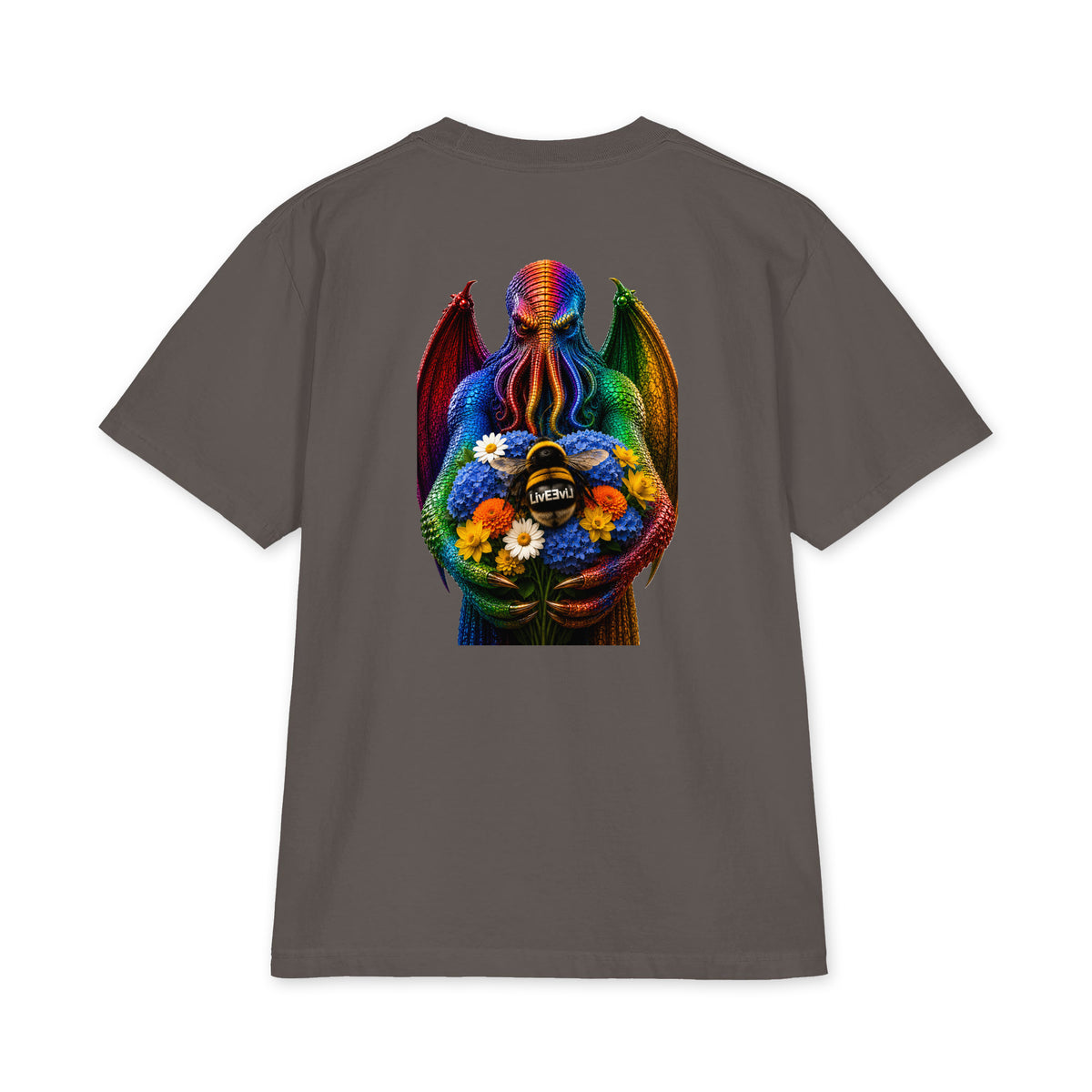Cthulhu's Beautiful Flowers LivEƎvi⅃ Big & Tall heavyweight graphic tee in dark grey, back view