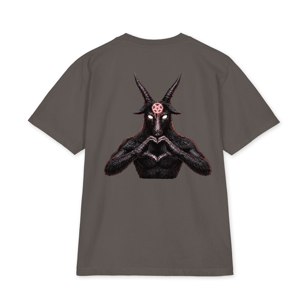Baphomet Loves You LivEƎvi⅃ Big & Tall heavyweight graphic tee in dark grey, back view