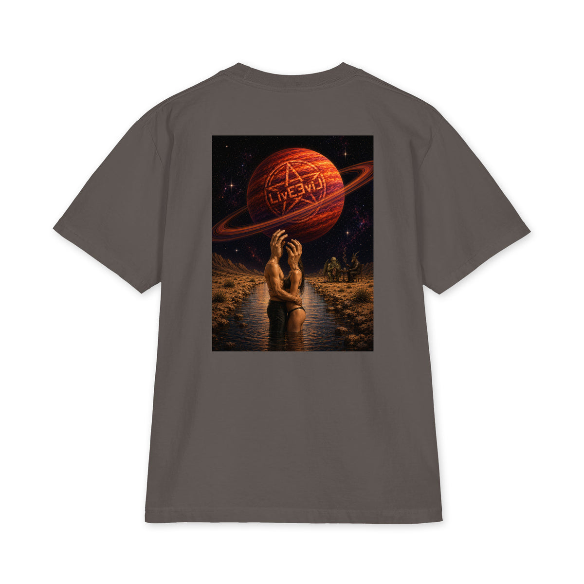 The Wendell LivEƎvi⅃ Big & Tall heavyweight graphic tee in dark grey, back view