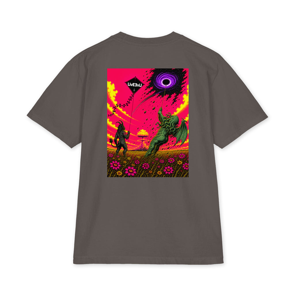 Baphomet and Cthulhu flying kites LivEƎvi⅃ Big & Tall graphic tee in dark grey, back view