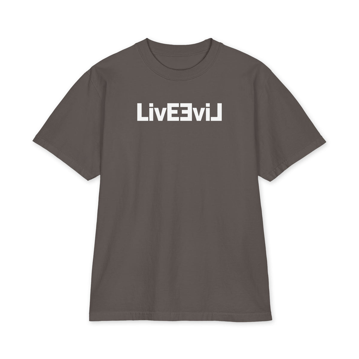 LivEƎvi⅃ 1OF3 Big & Tall heavyweight graphic tee in dark grey, front view