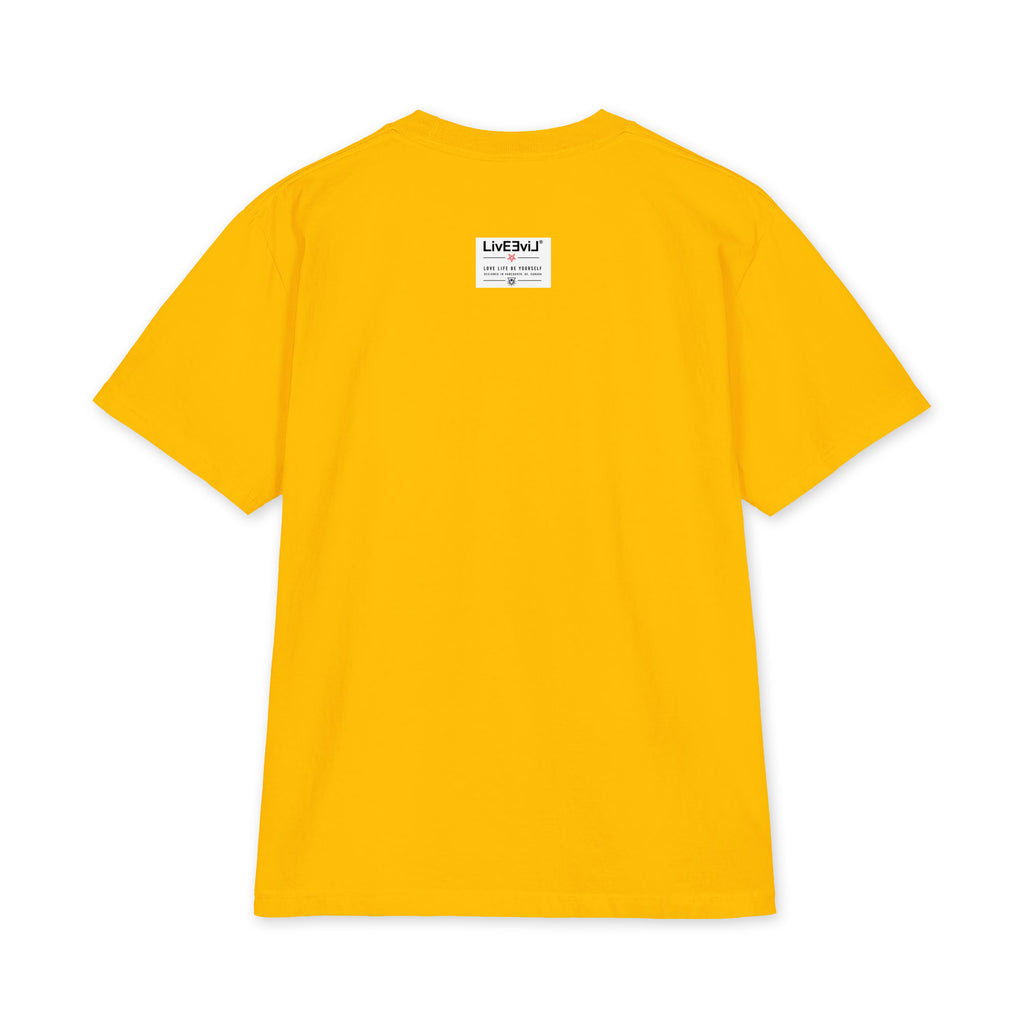 LivEƎvi⅃ 1OF3 Big & Tall heavyweight graphic tee in gold, back view