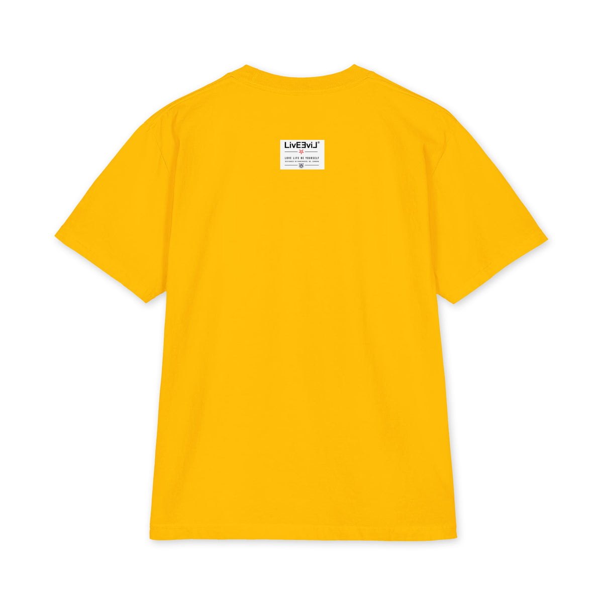 LivEƎvi⅃ 1OF3 Big & Tall heavyweight graphic tee in gold, back view