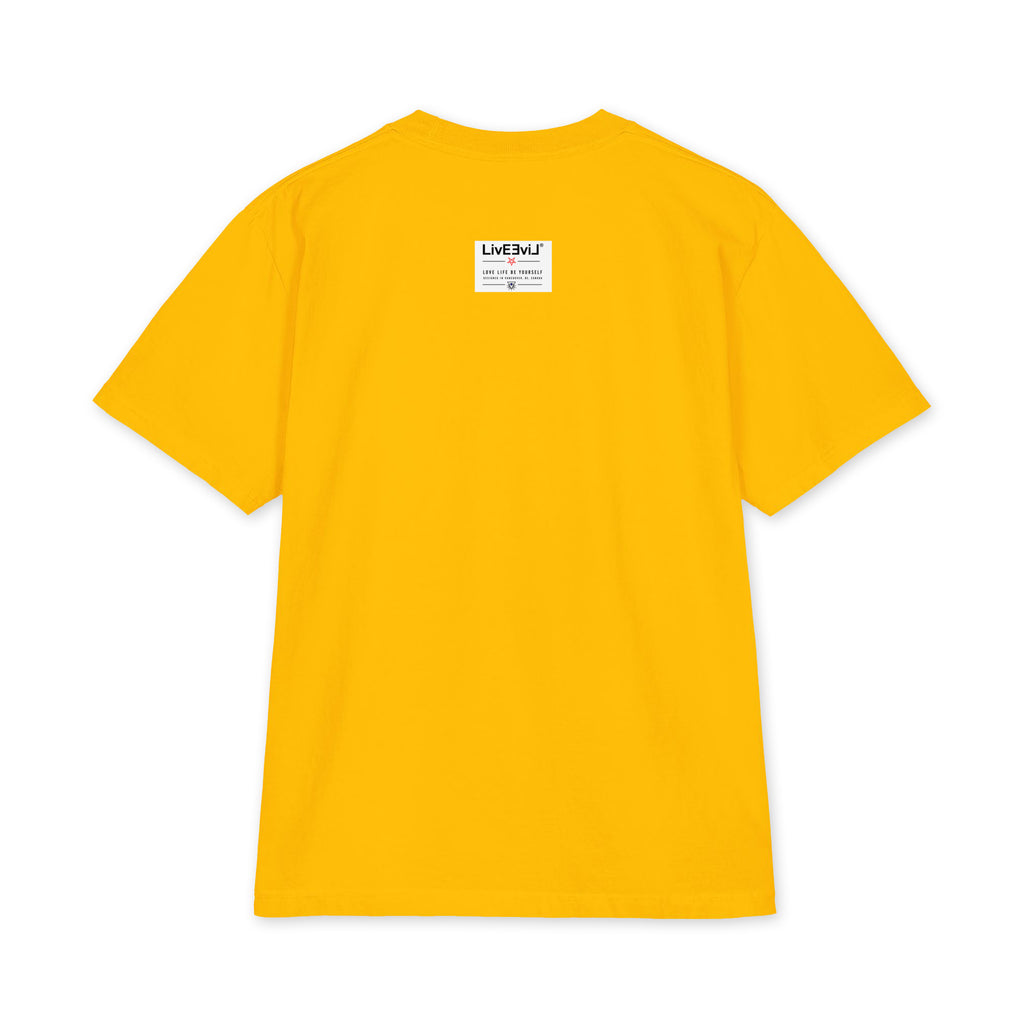 LivEƎvi⅃ 2OF3 Big & Tall heavyweight graphic tee in gold, back view