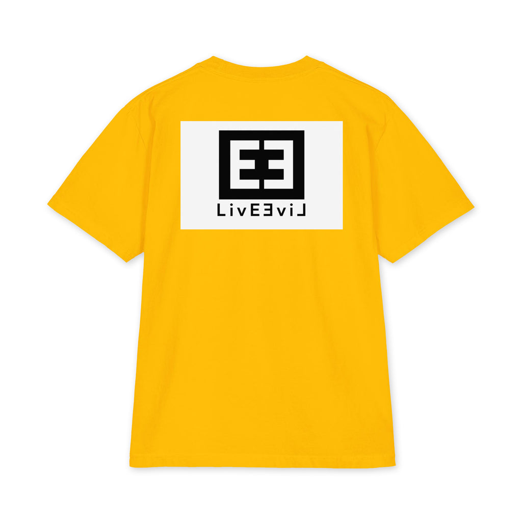 LivEƎvi⅃ 3OF3 Big & Tall heavyweight graphic tee in gold, back view
