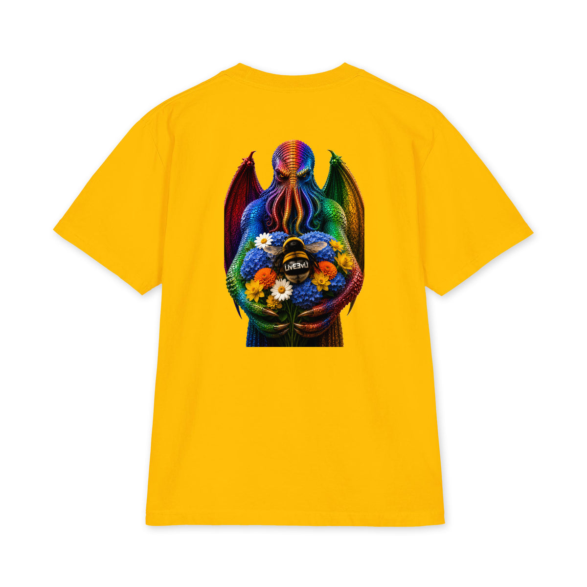 Cthulhu's Beautiful Flowers LivEƎvi⅃ Big & Tall heavyweight graphic tee in gold, back view