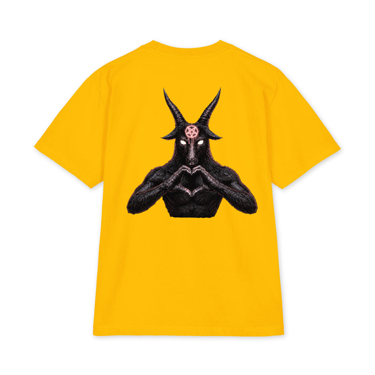 Baphomet Loves You LivEƎvi⅃ Big & Tall heavyweight graphic tee in gold, back view