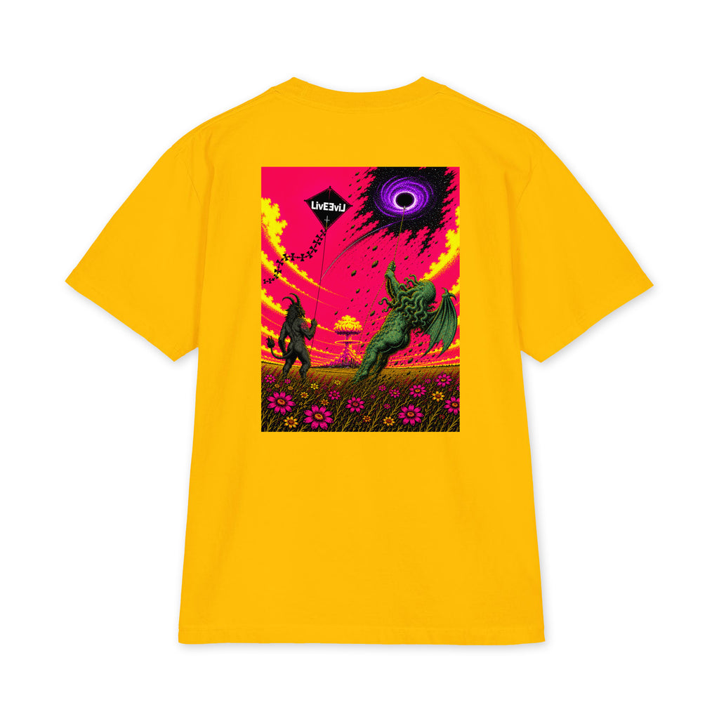 Baphomet and Cthulhu flying kites LivEƎvi⅃ Big & Tall graphic tee in gold, back view