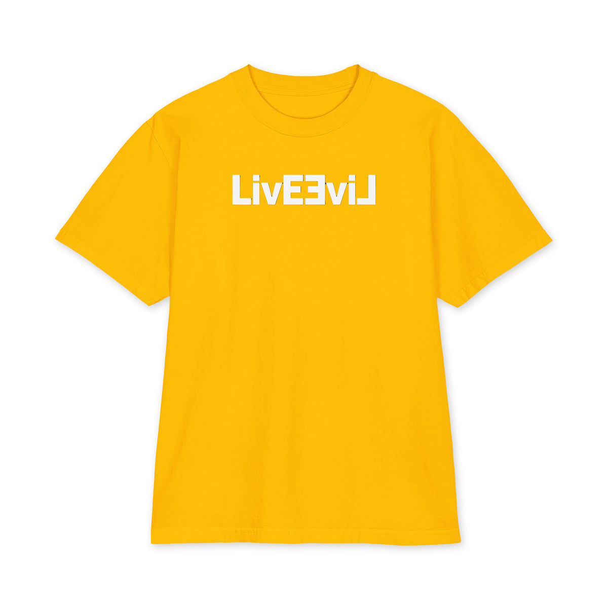 LivEƎvi⅃ 1OF3 Big & Tall heavyweight graphic tee in gold, front view