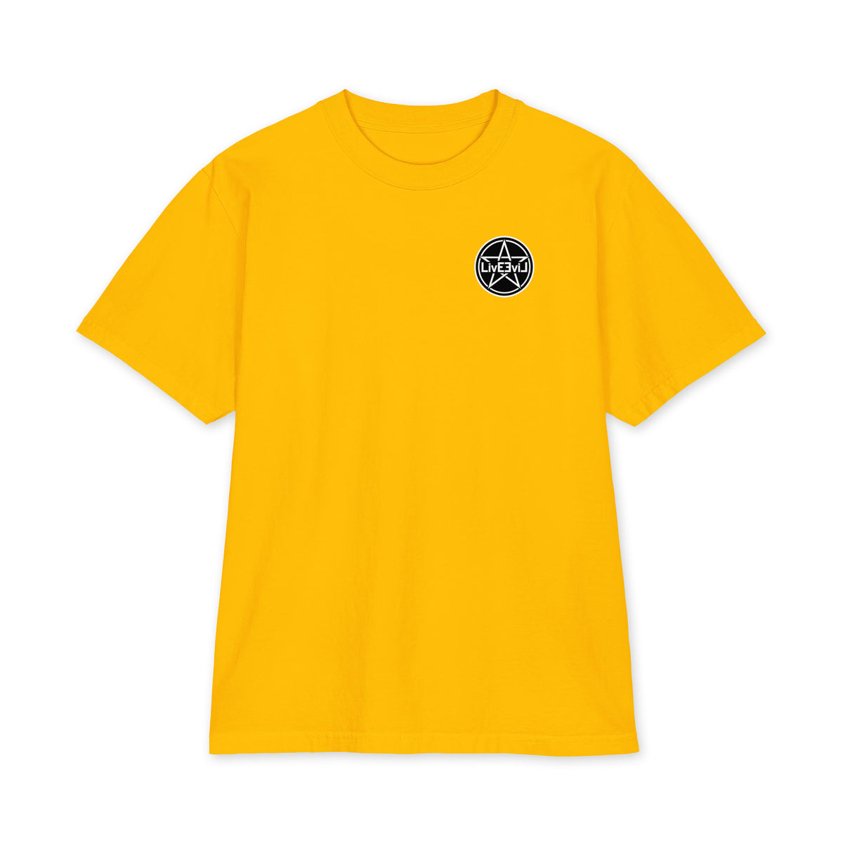 Baphomet Loves You LivEƎvi⅃ Big & Tall heavyweight graphic tee in gold, front view