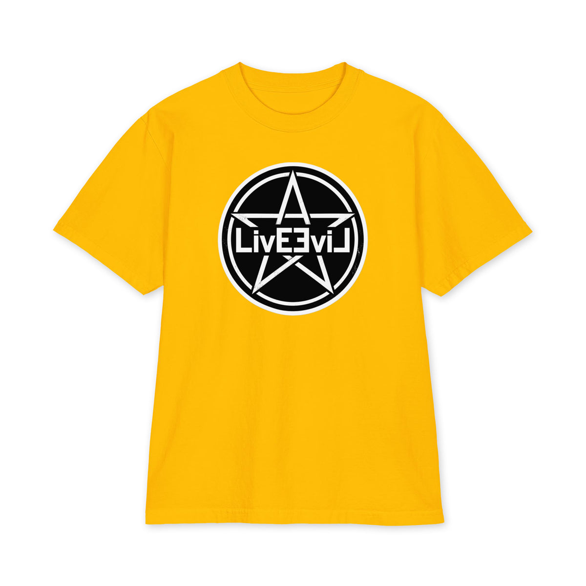 LivEƎvi⅃ Pentagram Big & Tall heavyweight graphic tee in gold, front view